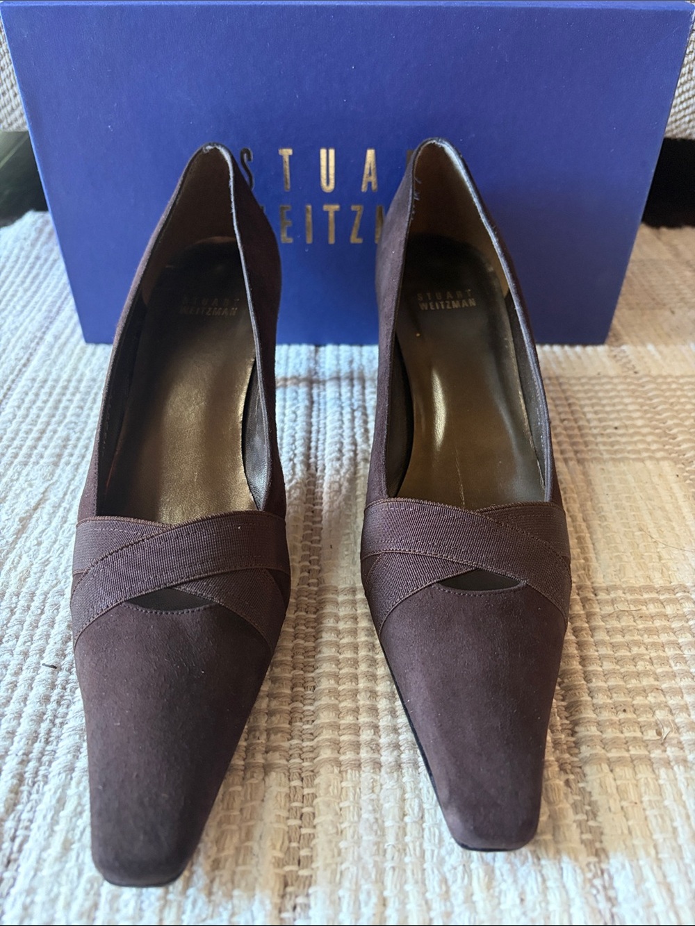 Stuart Weitzman EXPO Pumps Cola Brown Suede 8.5S Slim Super Narrow box toe
